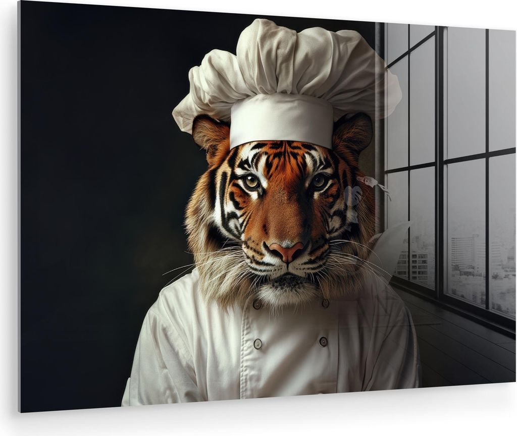 MuchoWow Glasbilder - Bilder auf Wandbild - Foto auf Glas Tiger - Kochbekleidung - Braun 60x40 cm Wanddekoration aus Glas - Acrylglasbild - Acrylbi...
