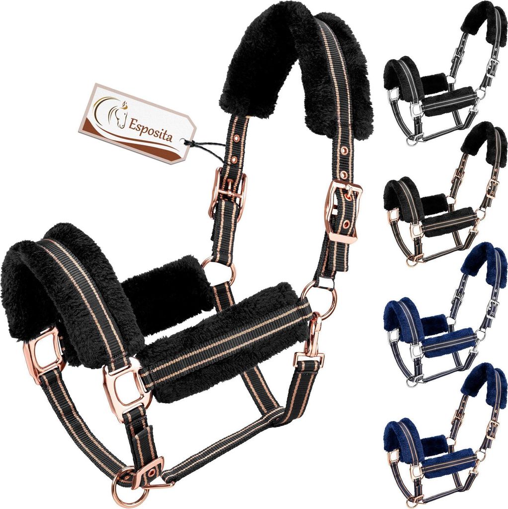 Esposita Halfter "Champion Edition" mit flauschigem Fell Schwarz/Rosegold Cob/VB