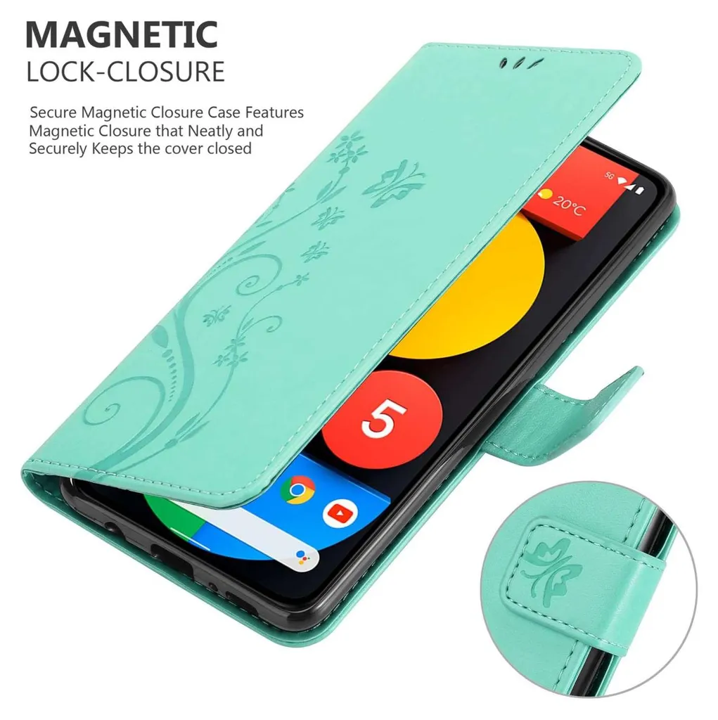 Cadorabo cover per Google PIXEL 5 in TURCHESE FLOREALE Cover protettiva in design floreale con chiusura magnetica, funzione stand e slot per carte di credito Flip Case Flower Cover Etui Handy Klapp Hülle Book Tasche - 4