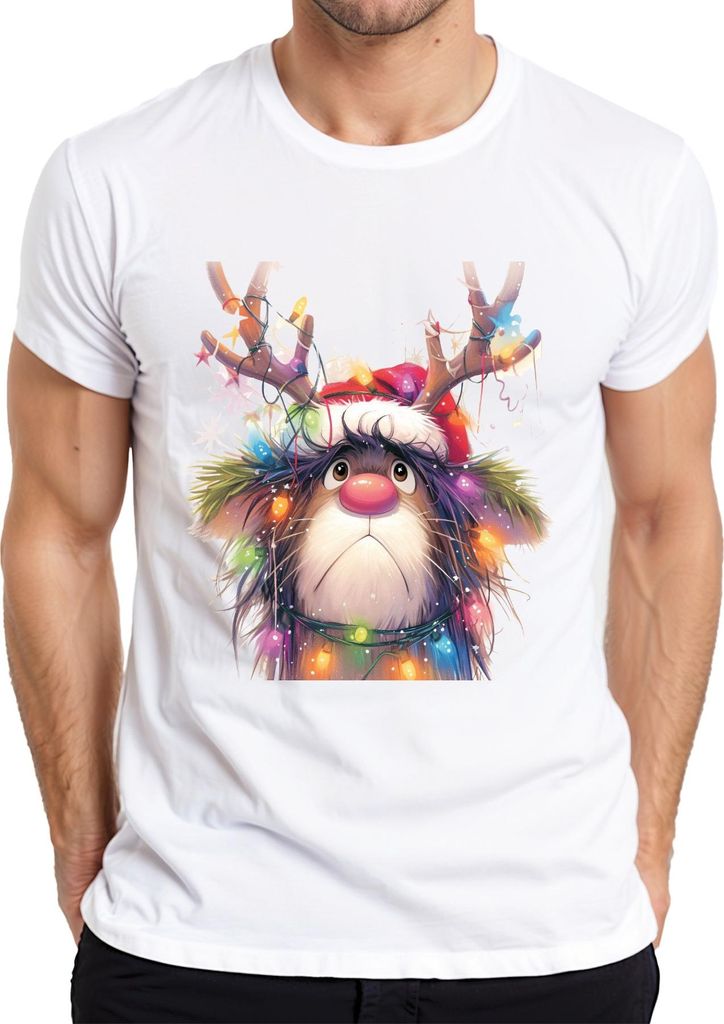 Rudolf Rentier Lichterkette Weihnachten niedlich Cartoon Geschenk Herren T-Shirt, Weiß, XXL