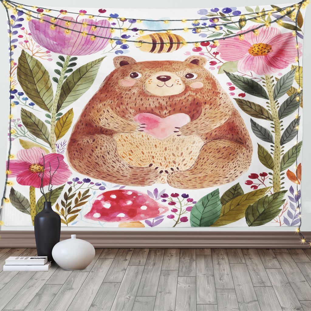 ABAKUHAUS Bunt Wandteppich, Bär mit Blumen, Wohnzimmer Schlafzimmer Heim Seidiges Satin Wandteppich, 200 x 150 cm, Mehrfarbig
