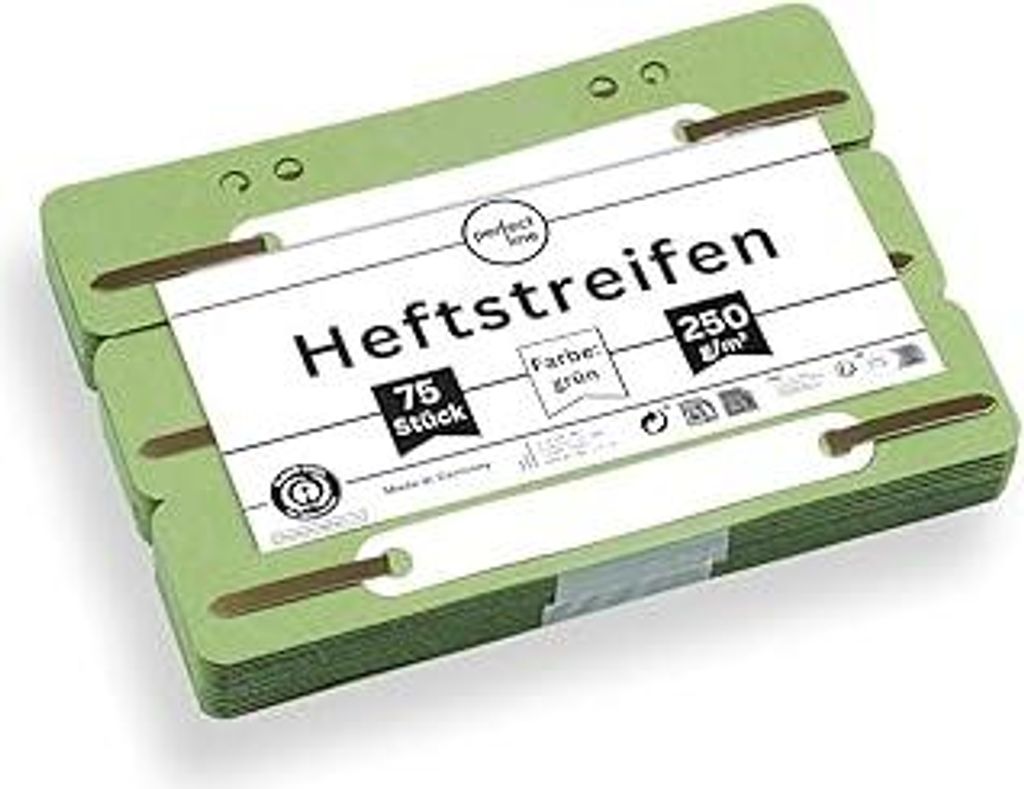 perfect line - 75 Heftstreifen Pappe, recycling Karton, 250 g/m², Farbe Grün, Germany, Heftlaschen Blauer Engel