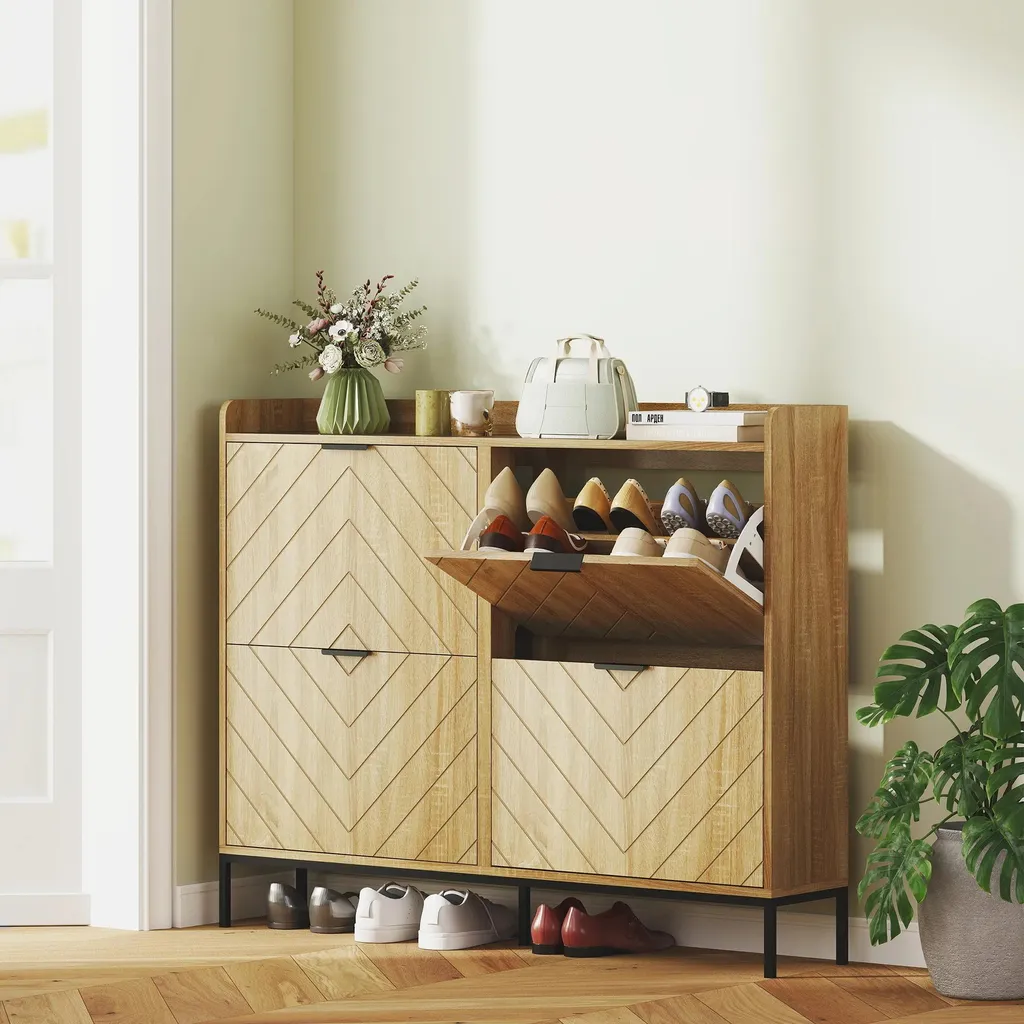 Armoire à chaussures étroite en chêne avec 4 compartiments rabattables - 2