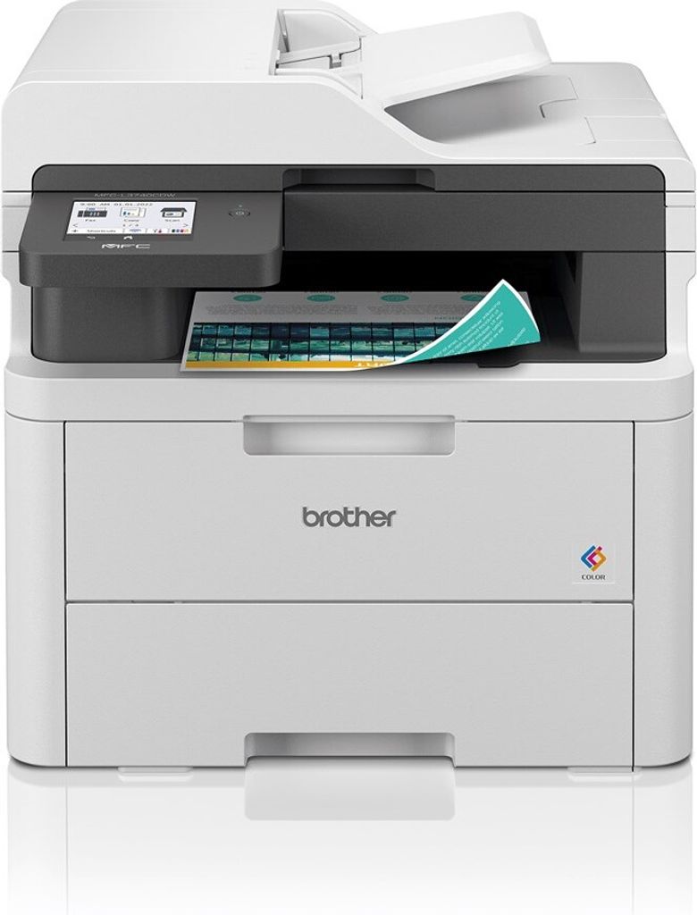 A white Brother multifunction printer with a paper output tray and a document feeder.
