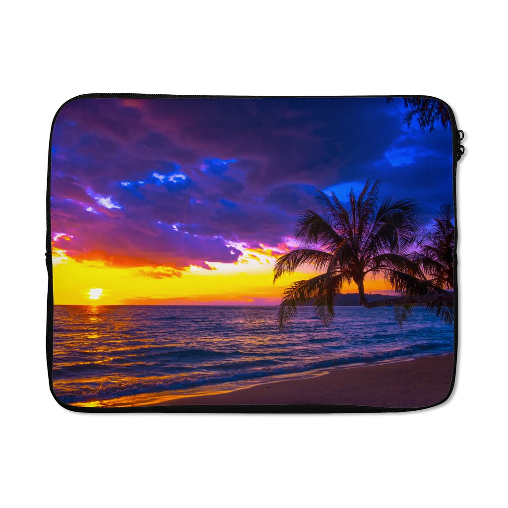MuchoWow Laptop Hülle 15 Zoll Palme - Lila - Sonnenuntergang - Strand - Meer Laptoptasche - Laptoptasche - Sleeve - Rundum-Schutz