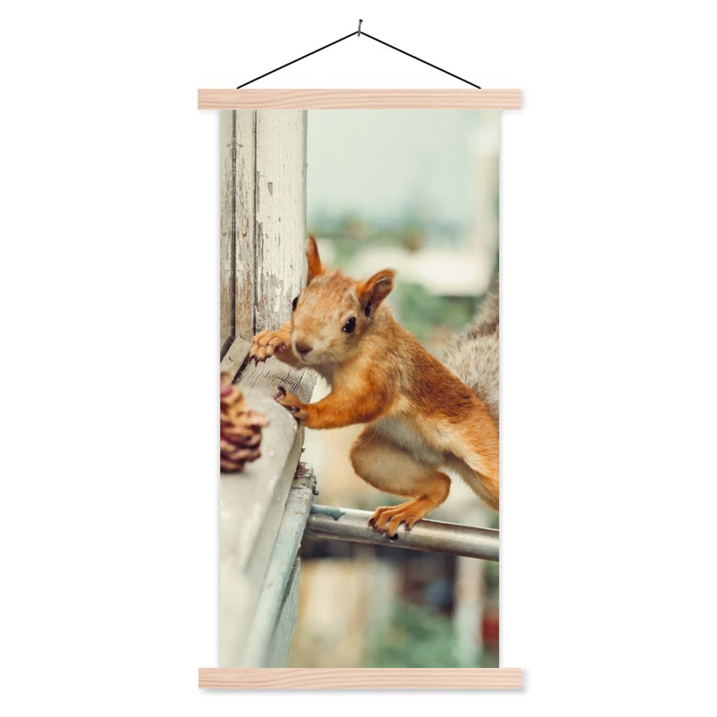 MuchoWow Textilposter Eichhörnchen - Fenster - Herbst - Tannenzapfen 60x120 cm mit holzfarbenen Rahmen - Holz