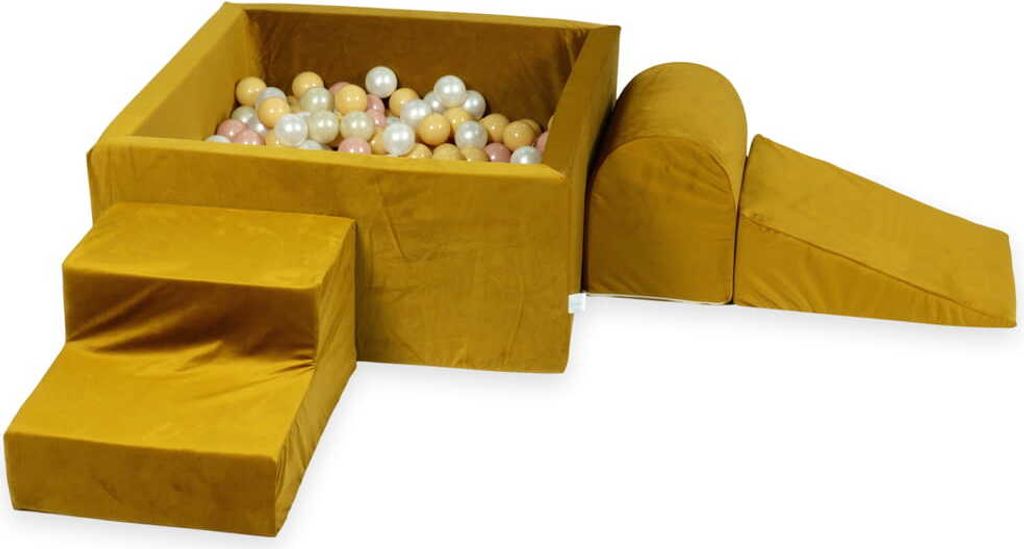 Schaumstoff-Spielset mit quadratischem Bällebad – Schaumstoff-Spielset mit quadratischem Pool 90x90x40 Samtgold mit Bällebadbällen 400 Stück ...