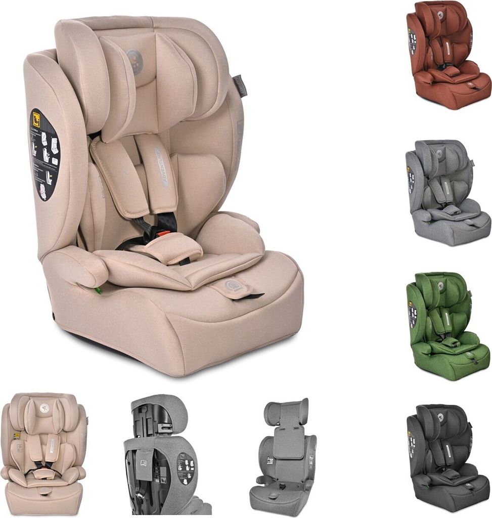 A collage of different colored car seats, with a main beige car seat prominently displayed.