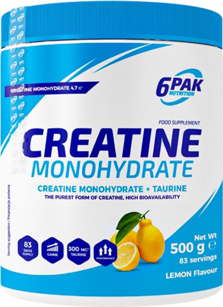 A product shot of a tub of creatine monohydrate powder with lemon flavor.