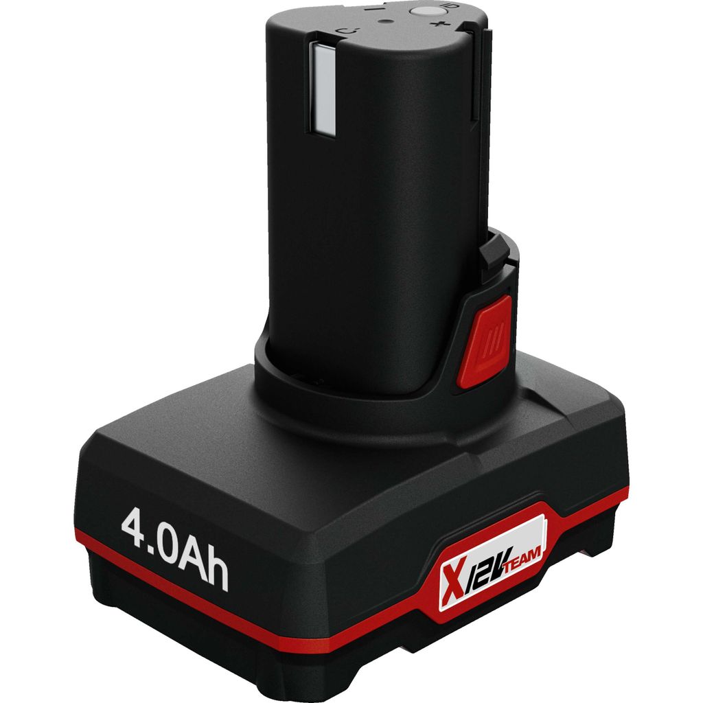 A black and red power tool battery pack with white text.