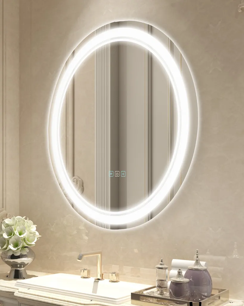 VEVOR LED specchio da bagno Specchio da bagno rotondo (60 cm), specchio a memoria di forma antiappannamento, dimmerabile in continuo, con 3 temperature di colore Montaggio a parete