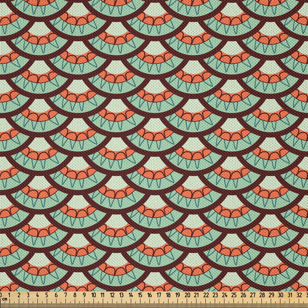 ABAKUHAUS Abstrakt Satin Stoff als Meterware, Skalen-Fliesen-Muster in den Retro- Farben gerundete Motive ethnische künstlerische Einflüsse, 5 M ...