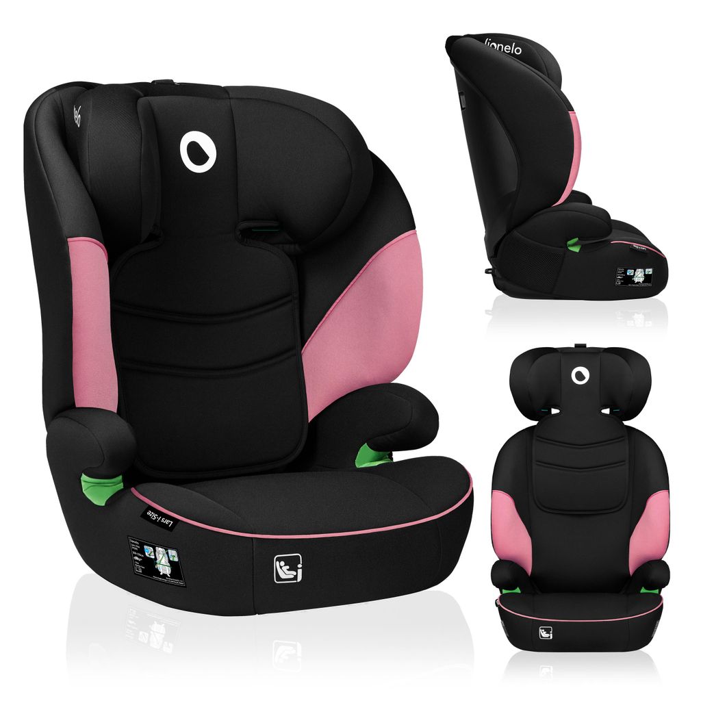 A collage of a black and pink car seat from different angles.