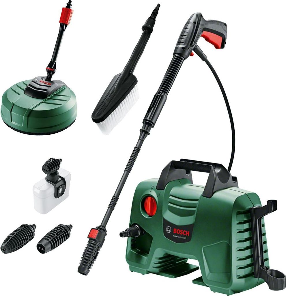 A collection of Bosch pressure washer accessories and the main unit are displayed against a white background.