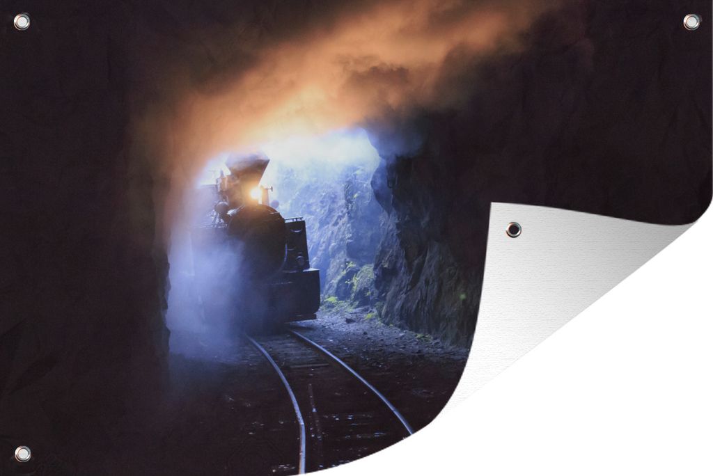 MuchoWow 90x60 cm Outdoor-Poster Gartendeko Sichtschutz Garten Poster für den Garten Dampflokomotive fährt in einen Tunnel ein