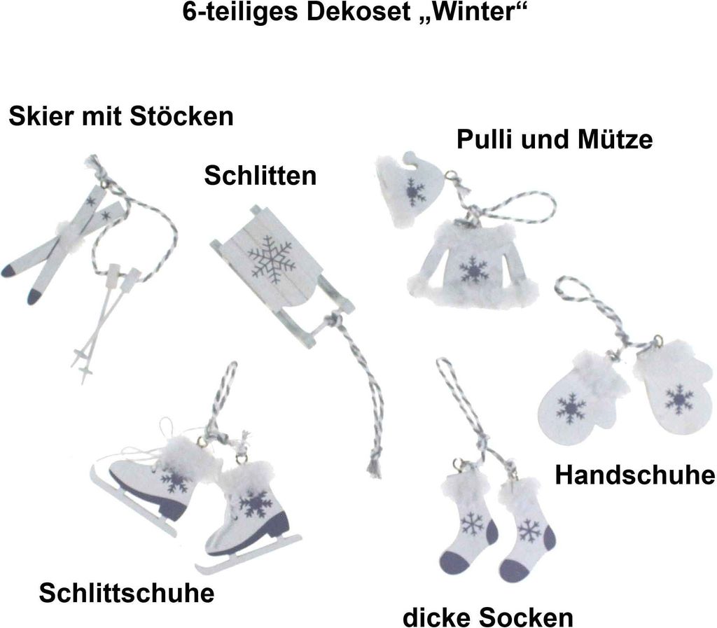 Set 6 Hänger Holz natur weiß Winter Schlitten Ski Schlittschuhe Handschuhe, Farbe:weiß