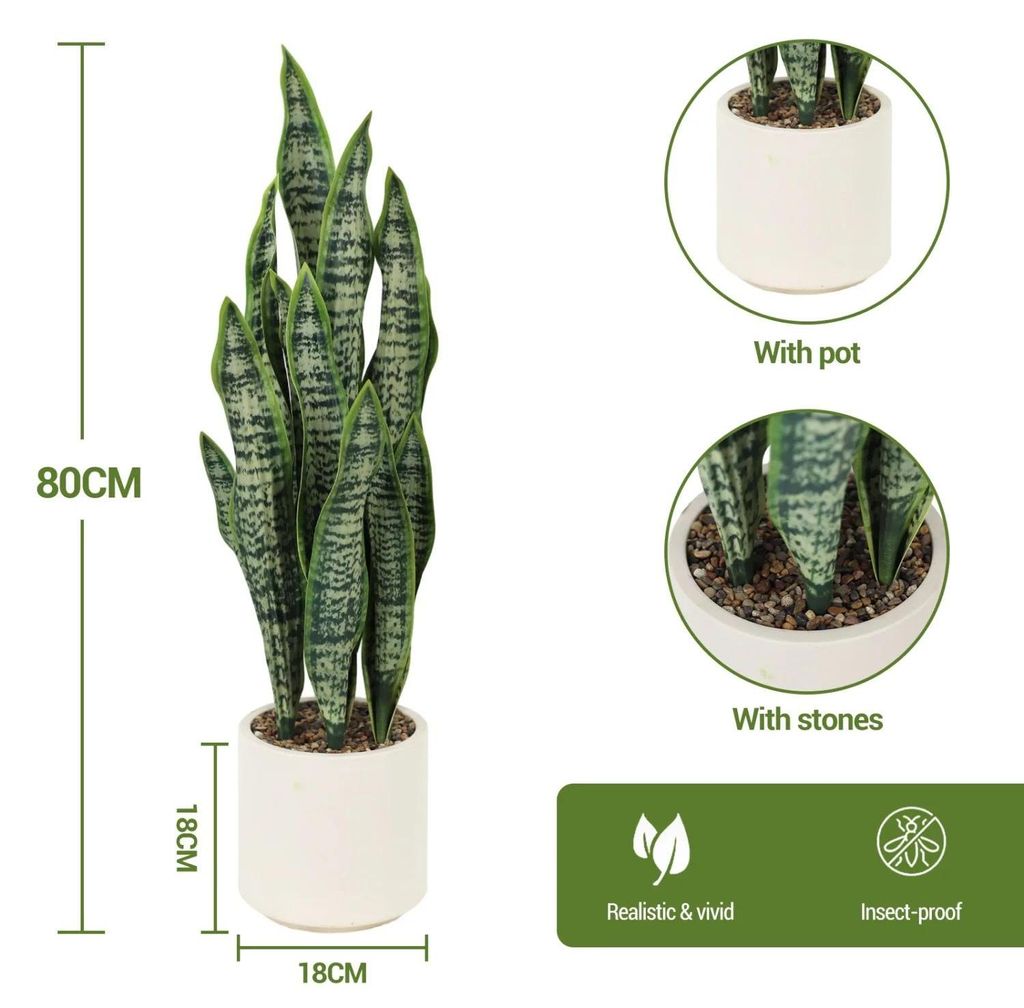 Künstliche Sansevieria im Topf - Kunstpflanze Bogenhanf - Realistische Zimmerpflanze - Höhe 80 cm - Für Wohnzimmer und Büro - Grün