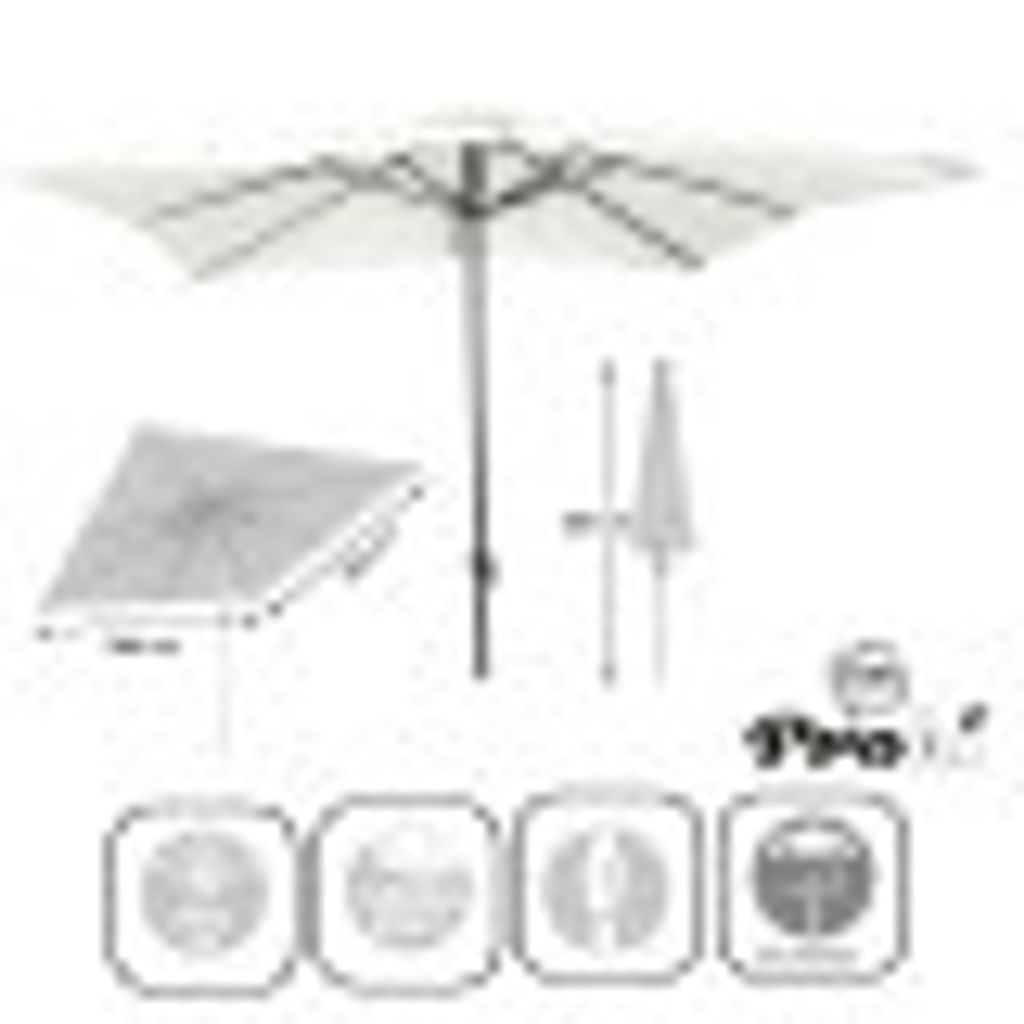 A white square patio umbrella with a diagram and icons.