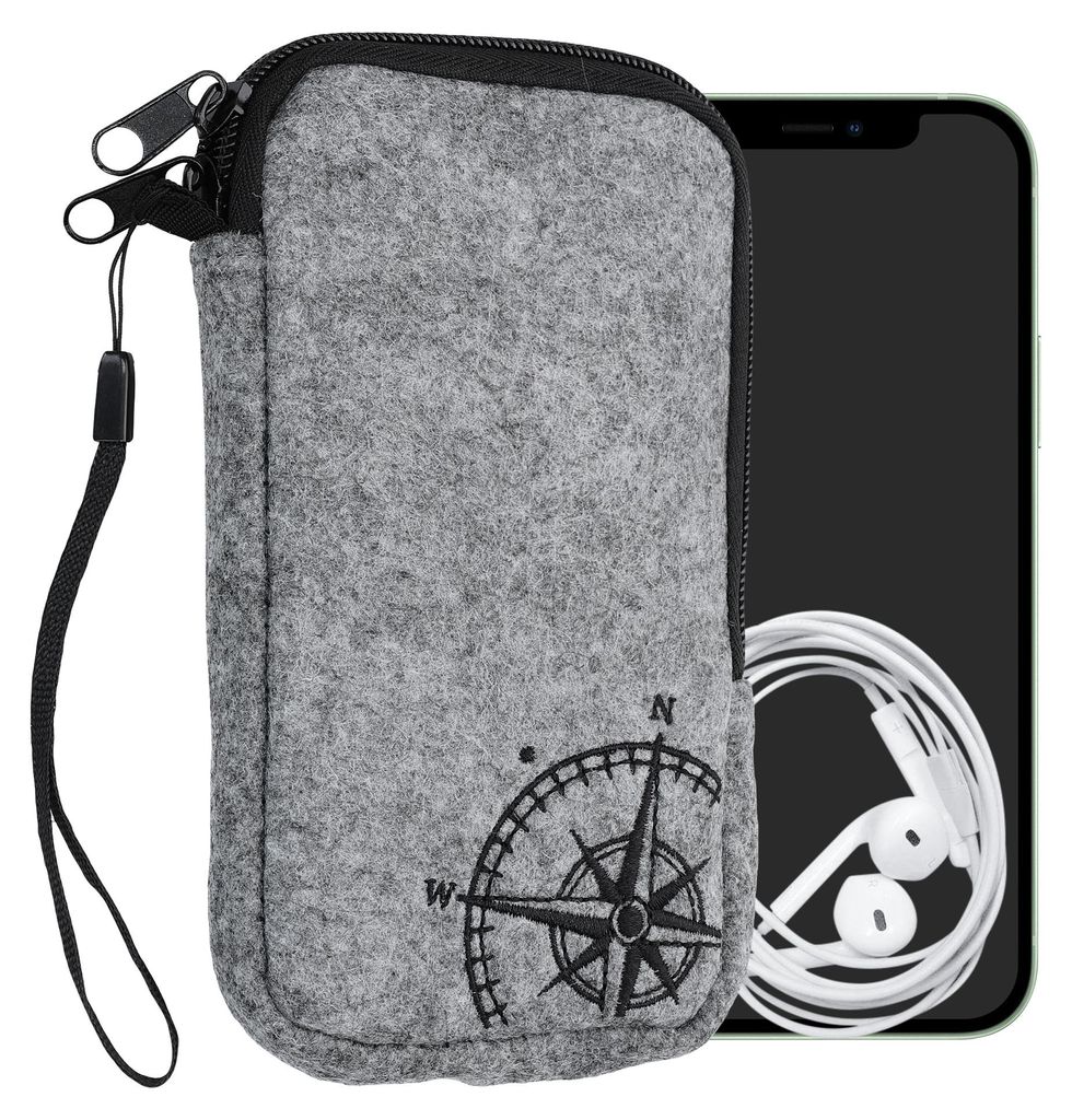 kwmobile Handytasche für Smartphones L - 6,5" - Handy Filztasche - Kompass Vintage Schwarz Hellgrau - 16,5 x 8,9 cm Innenmaße