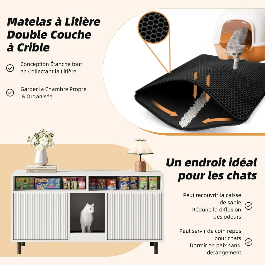 Meuble Anti-Odeur pour Litière Chat, Armoire Blanche avec Rangement - 6