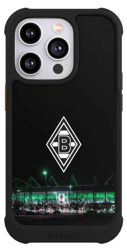 NIVOCASE Hülle für Apple iPhone 14 Pro Stoßfeste Handyhülle NIVOmax Case Schwarz Borussia Mönchengladbach Offizielles Lizenzprodukt Stadion