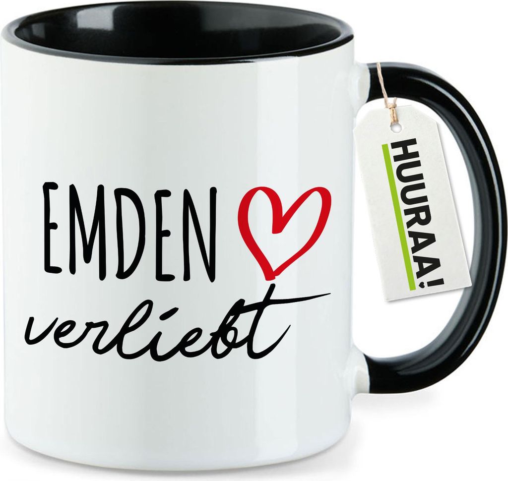 Huuraa Kaffeetasse Emden verliebt 330ml Schwarz Keramik Kaffeebecher Geschenkidee