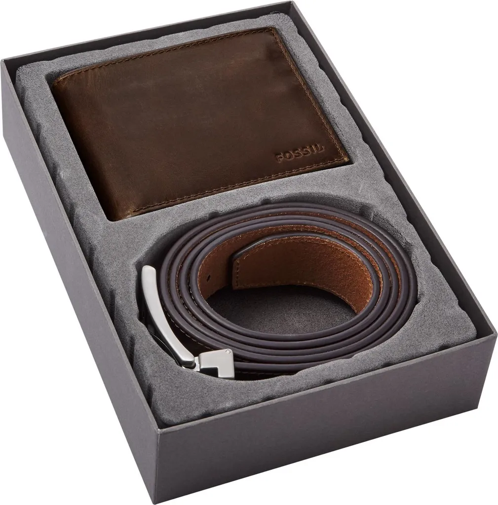 Fossil Coffret Cadeau Portefeuille RFID et Ceinture en Cuir Marron Foncé