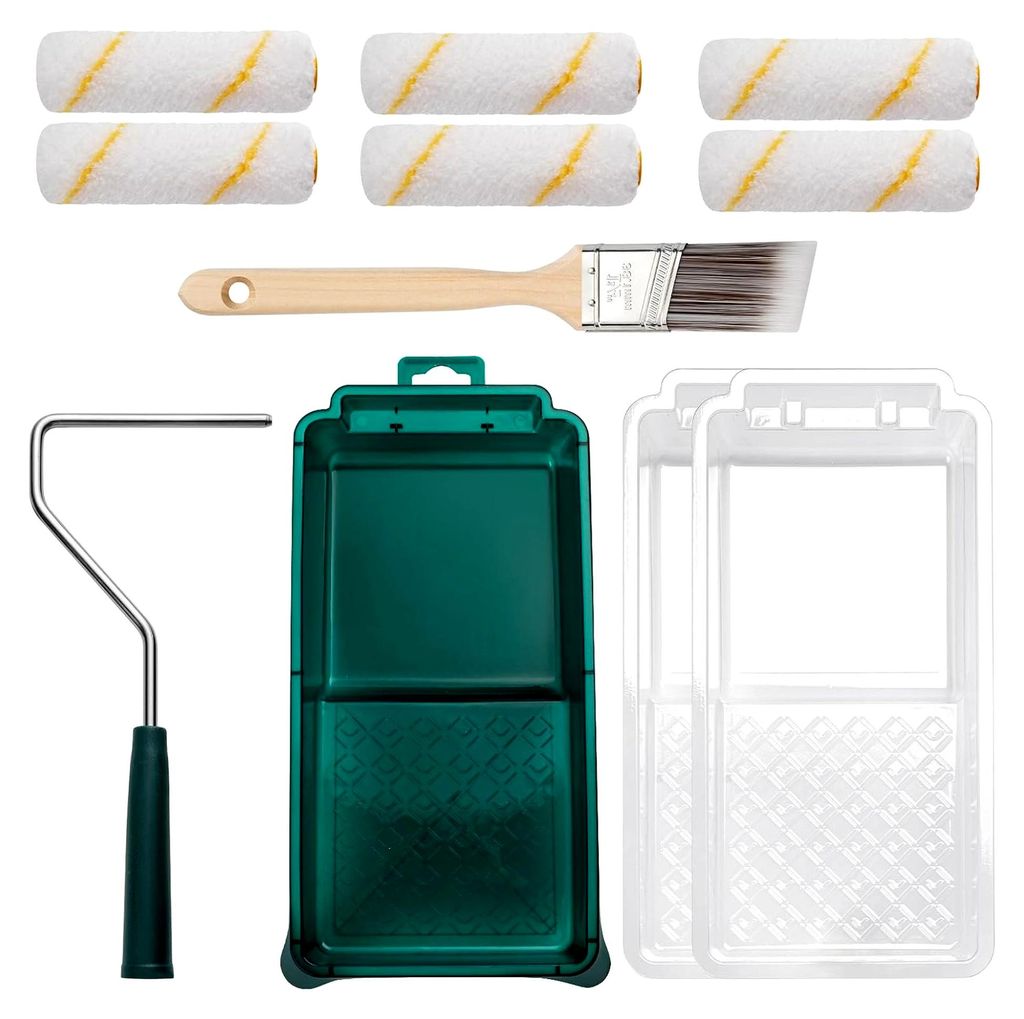 Farbroller Set 11 Teile, 10 cm (4 Zoll) Mikrofaser Farbroller mit ergonomischem Griff, kleiner Rollpinsel, Farbwanne mit Einsätzen – ideal für ...