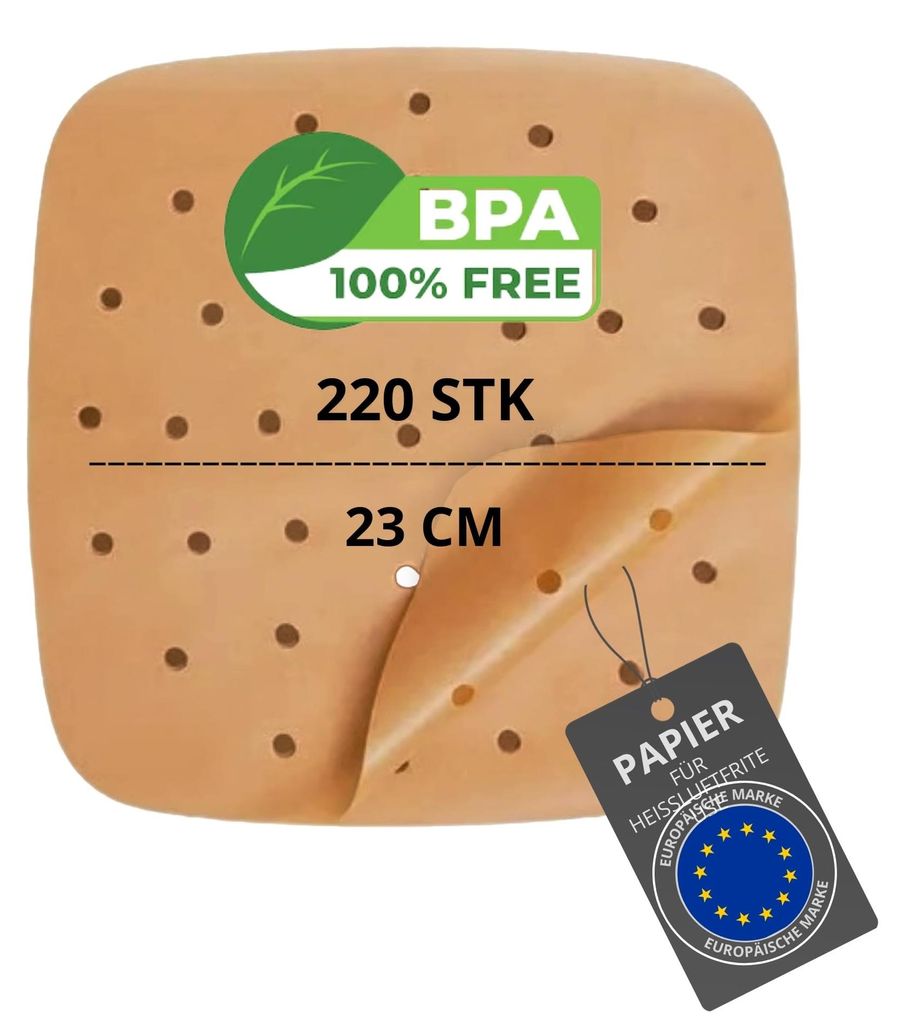 200/220 Blatt Backpapier für Heißluftfritteusen, BPA-frei, 20-24 cm | quadratisches Backpapier (20-24 cm) und flaches Backpapier (20 cm)
