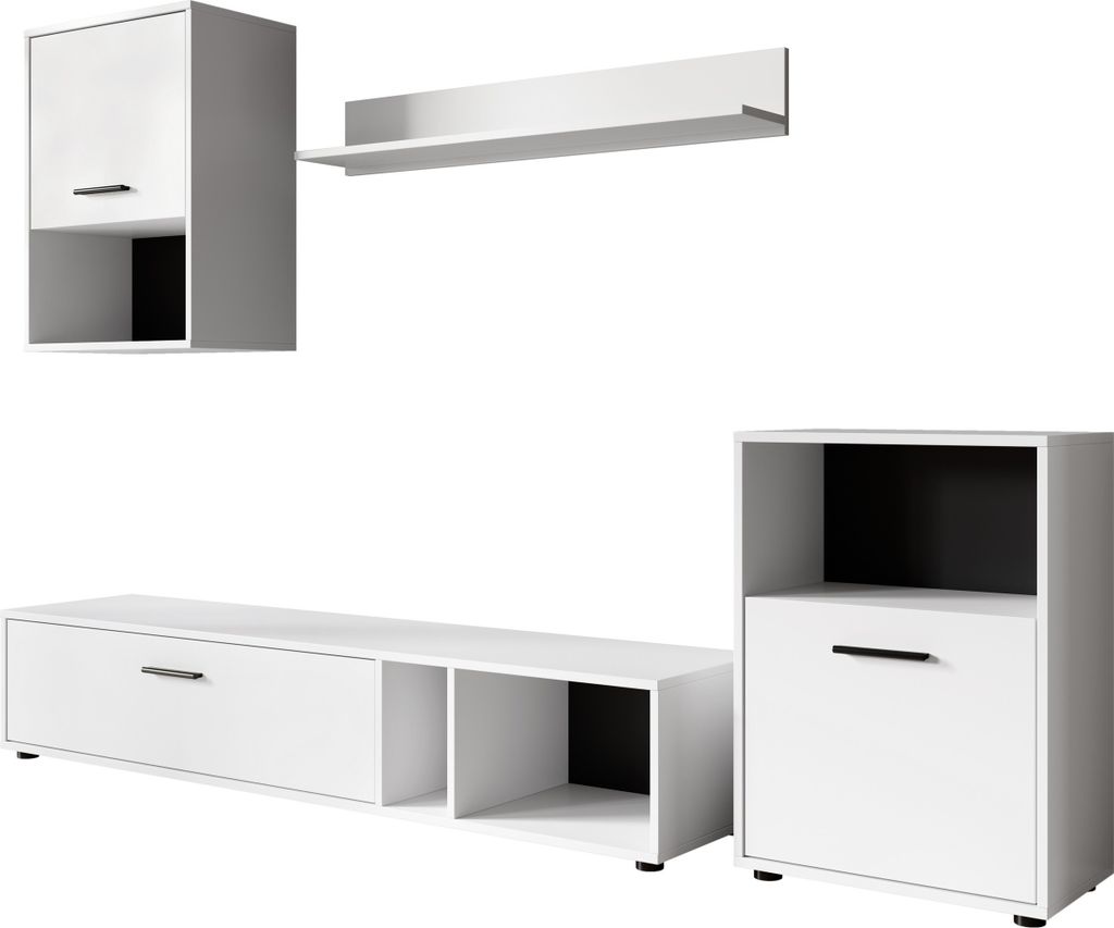 Furniture24 Wohnwand Halo Anbauwand Schrankwand Weiß matt