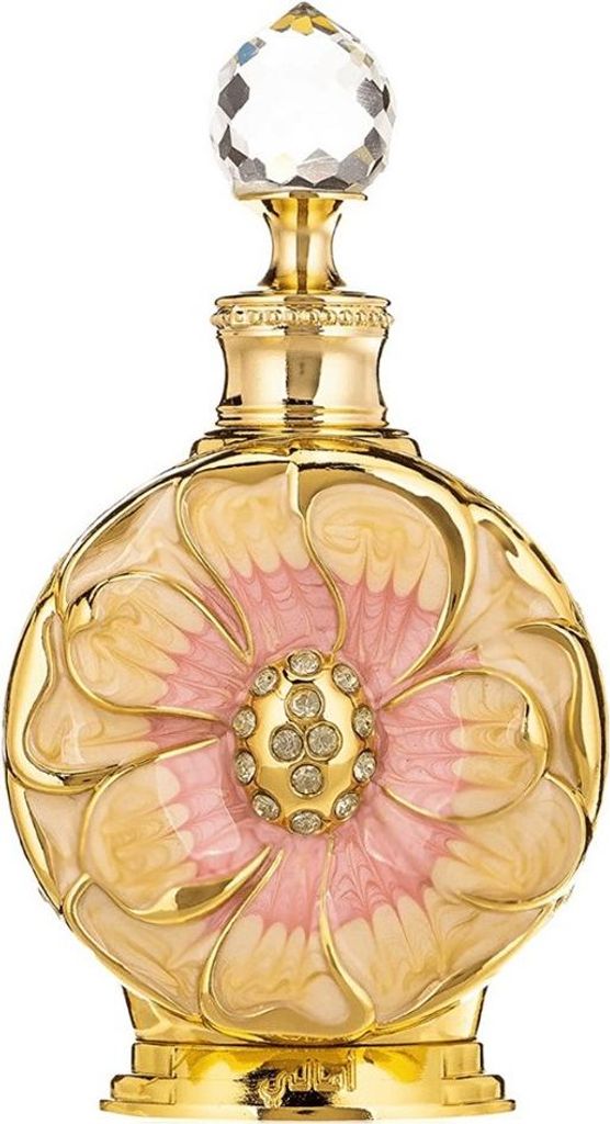 A decorative perfume bottle with a floral design.