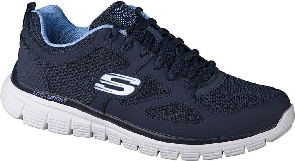 A single navy blue Skechers sneaker is shown from a side angle against a white background.