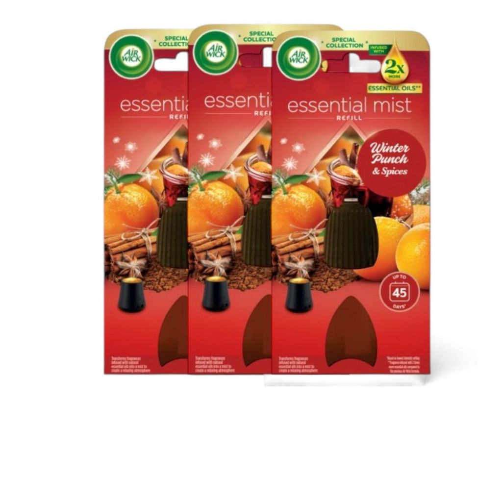 Three packages of Air Wick Essential Mist refills for an aroma diffuser, featuring images of oranges and cinnamon sticks.