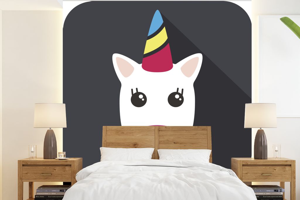 MuchoWow Fototapete für Wohnzimmer oder Schlafzimmer Wandtapete Vinyl Motivtapete Illustration des Gesichts eines Einhorns auf schwarzem Hinterg...