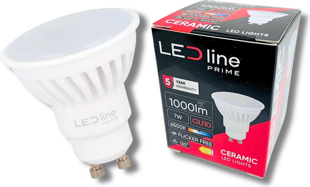 A product shot of an LED light bulb and its packaging.