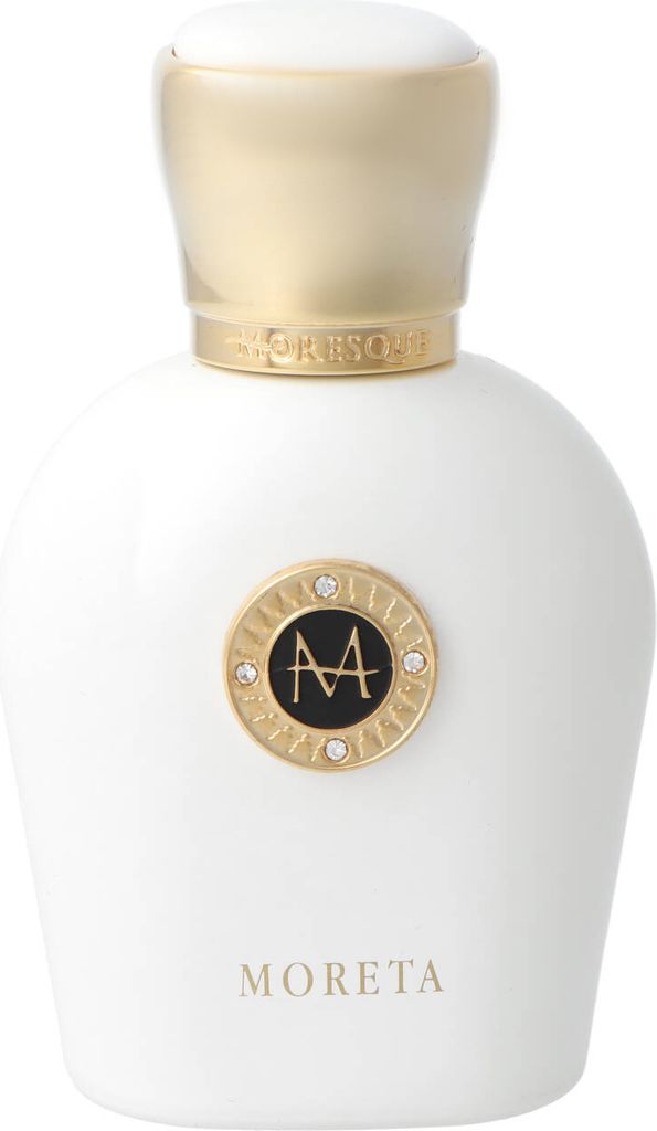 A white perfume bottle with a gold cap and a circular emblem on the front.