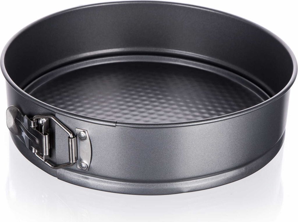 A round springform cake pan with a removable bottom and a latch mechanism on the side, shown from a slightly elevated side angle.