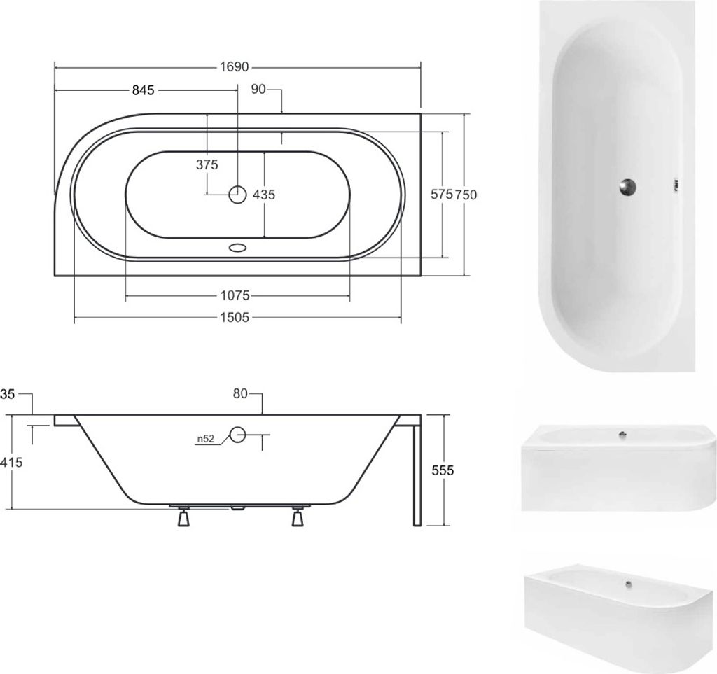 Eckbadewanne Badewanne Avita LINKS 170X75 mit Füßen und Produktbild 5