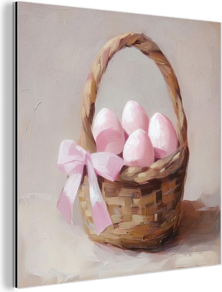 MuchoWow Wanddekoration Metall Metallbild Wandkunst 20x20 cm Korb - Eier - Rosa MuchoWow Aluminium Gemälde - Alu Dibond Bilder