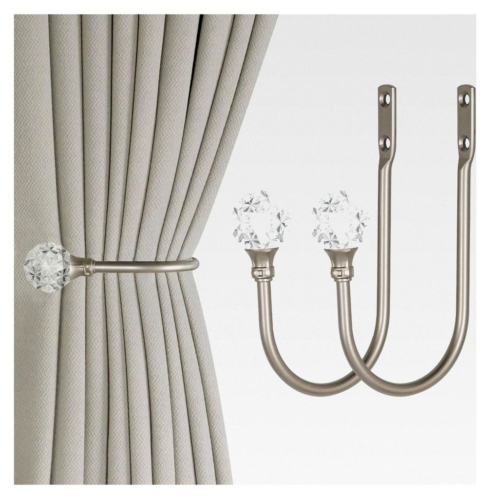 2 Stück robuste U-förmige Metall-Vorhanghalter mit transparenten Kristallkugeln (2, Silber)