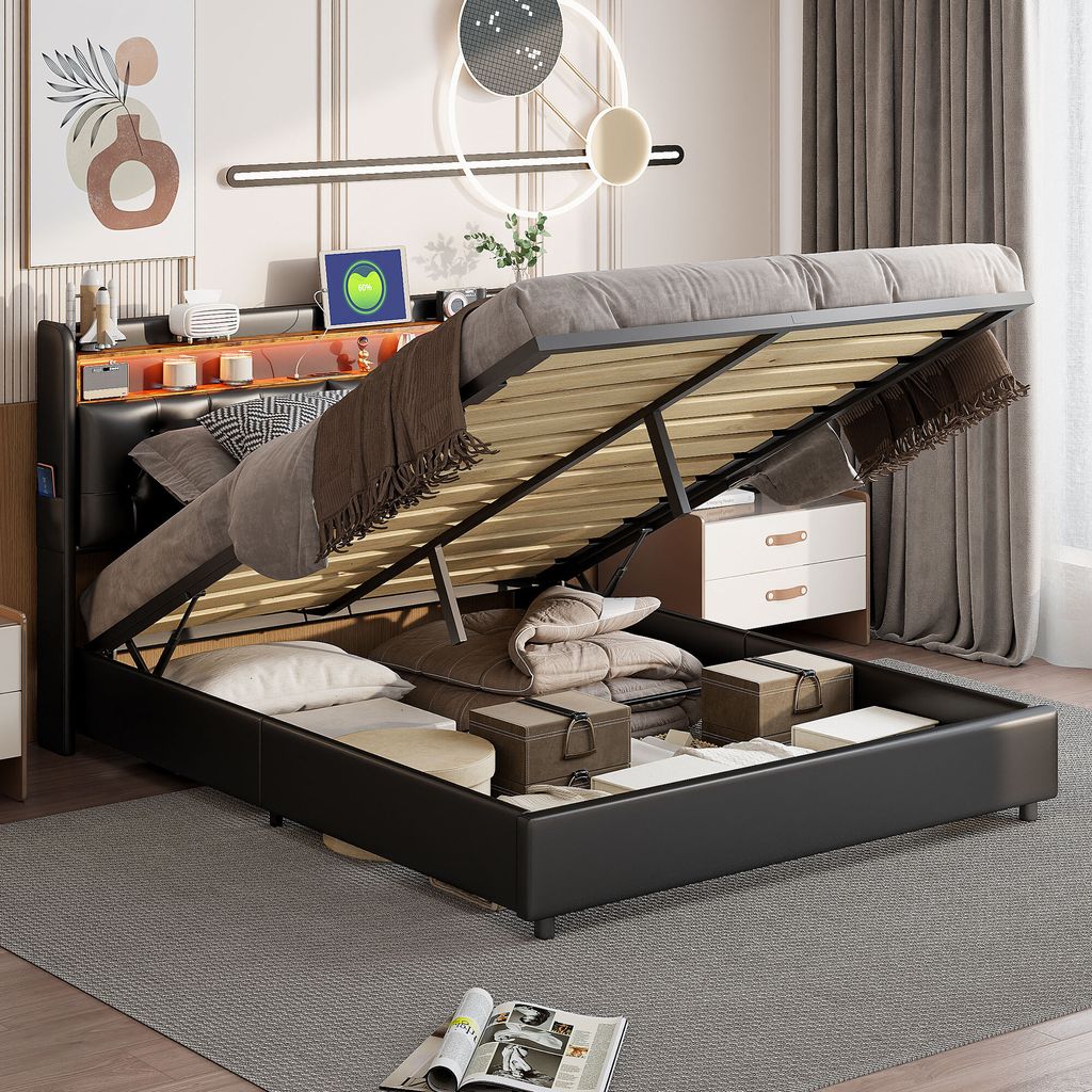Gepolstertes Bett 180x200 mit USB-Anschlüssen und Steckdosen, LED-Beleuchtung, hydraulischem Stauraum, Doppelbett, Kunstleder, Schwarz