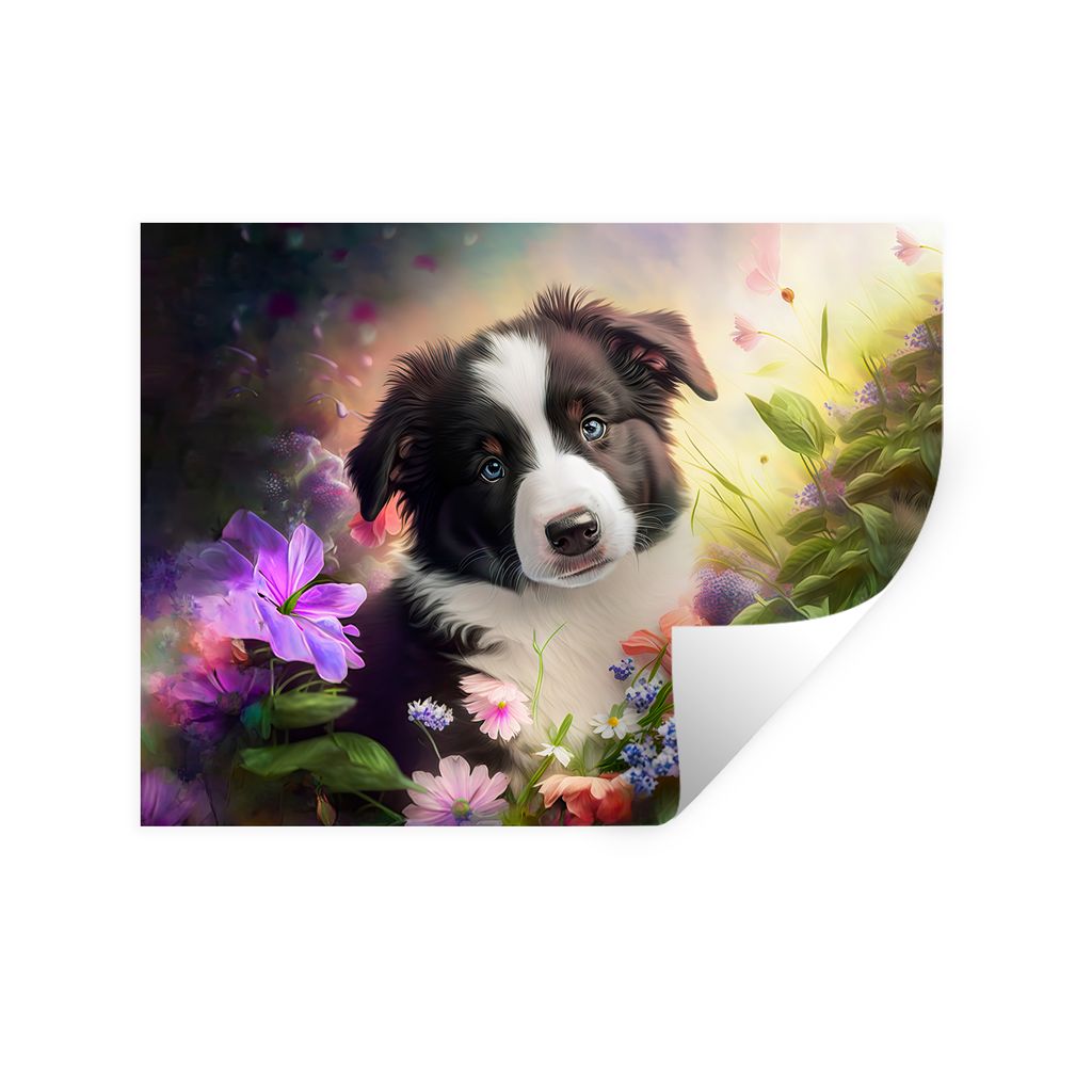 MuchoWow Wandtattoo Wandsticker Wandaufkleber Welpe - Sonne - Blumen - Natur - Border Collie - Hund 40x30 cm Selbstklebend und Repositionierbar -...