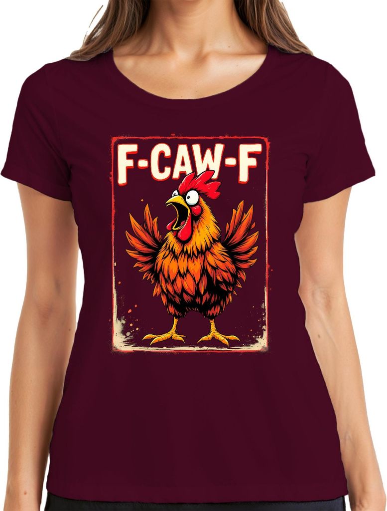 F-CAW-F lustiger Hahn Cartoon Bauernhof Spruch Sarkasmus Vintage Damen T-Shirt, Burgundy, XXL