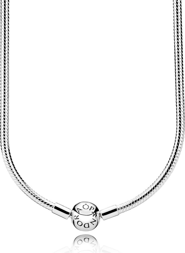 A silver Pandora necklace with a central clasp featuring the Pandora logo.