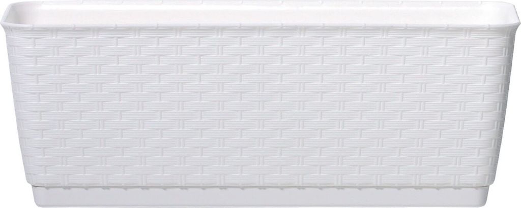 A white rectangular planter with a woven texture and a matching saucer, presented on a white background.