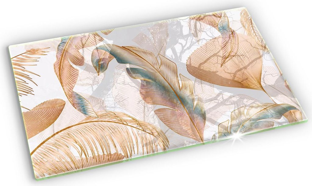 Grabkerze Untersetzer Glastafel Gummifüße Motiv - 52x30 cm - Boho-Federn und Blätter