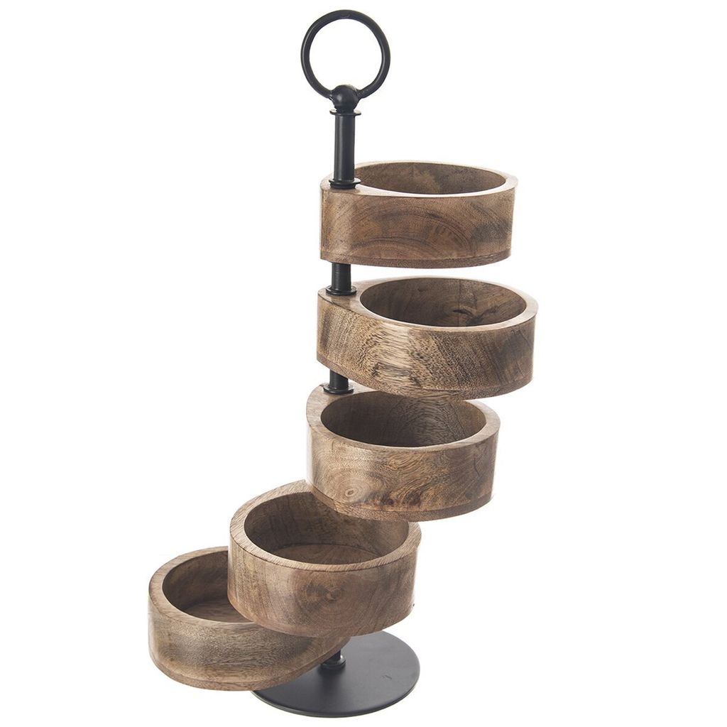 A multi-tiered serving stand with wooden bowls.