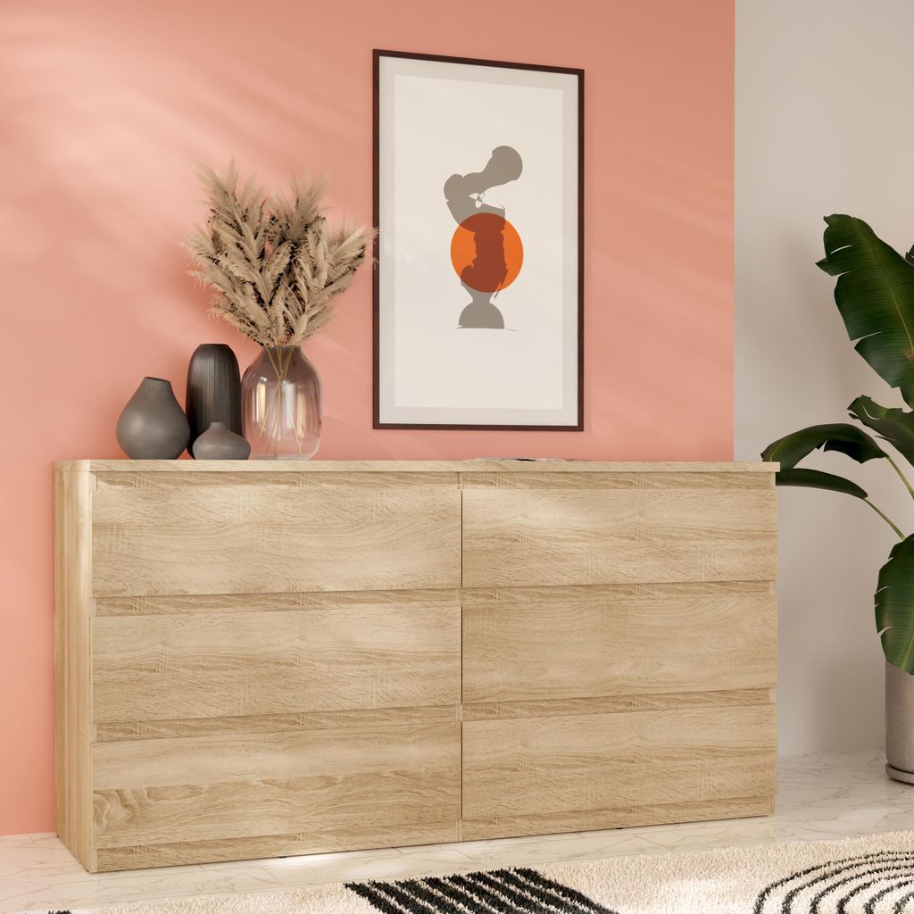 Forte EDMORE Kommode 150 160, moderne Kommode mit 6 Schubladen, Holzwerkstoff, Sonoma Eiche Holzdekor, 153,9 cm breit x 79,8 cm hoch x 42,2 cm tief