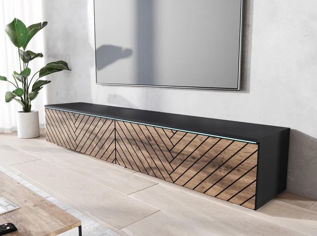 Meuble TV 180 cm idéal pour salon moderne, rangement bois et graphite