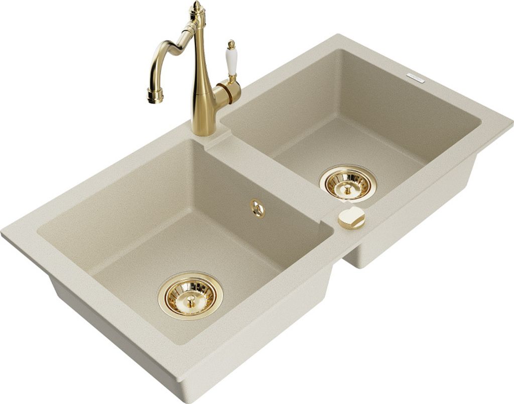Mexen Mario 2-Becken-Granitspüle mit Mischbatterie Carla, Beige - 6504-69-670700-50